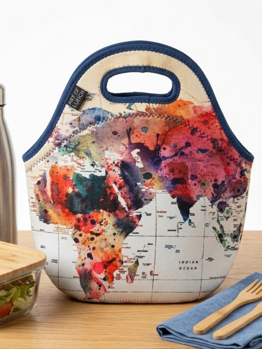Art Of Lunch World Map Neoprene Insulated Lunch Tote in Multicolor